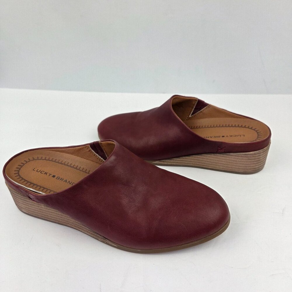 Lucky Brand Poloma Leather Wedge Mules Burgundy Size 7